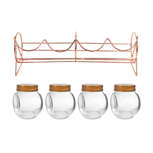 PORTA CONDIMENTO DE VIDRO COM 4 PEÇAS COM SUPORTE ARAMADO - SXJC5116