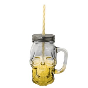 CANECA POTE CAVEIRA  DE VIDRO AMARELO 500ML TAMPA PRATA