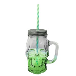 CANECA POTE CAVEIRA  DE VIDRO VERDE 500ML TAMPA PRATA