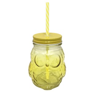 COPO EM VIDRO CORUJA TAMPA ALUMINIO E CANUDO 420 ML AMARELO - 99766