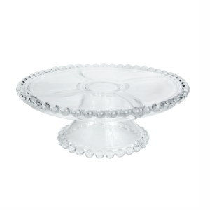 PRATO DE BOLO DE VIDRO COM PEDESTAL E TAMPA PÉROLA - VDA16010