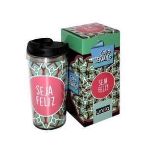 COPO TERMICO INOX E PLASTICO SEJA FELIZ 450ML TAMPA ROSQUEAVEL E COM TRAVA - 327
