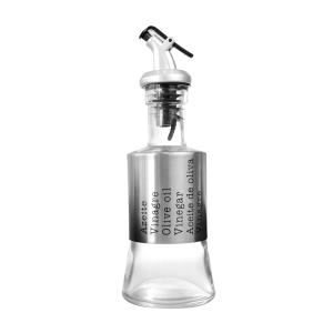 GALHETEIRO AZEITE OU VINAGRE GARRAFA EM VIDRO REVESTIDA EM INOX COM FRASE 140ML - CZ19012
