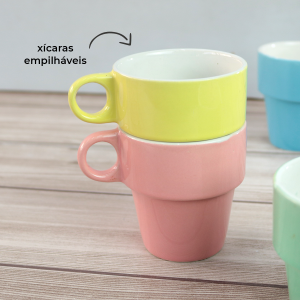 CONJUNTO 4 XÍCARAS PORCELANA COLORIDAS EMPILHAVEIS 200ML - 1045