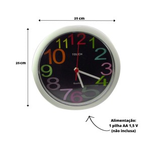 RELOGIO DE PAREDE DE PLÁSTICO 25 CM NÚMEROS COLORIDOS - 414-BR