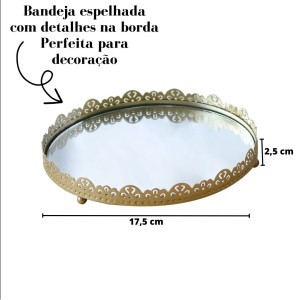 BANDEJA ESPELHADA REDONDA DE METAL COM BASE AVELUDADA 17.5CM - CZ19594