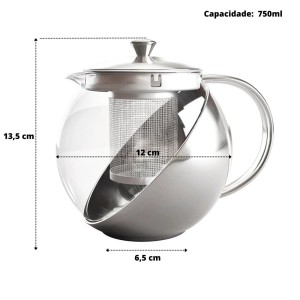 BULE PARA CHÁ DE VIDRO E INOX COM INFUSOR INTERNO 750 ML - CA11082