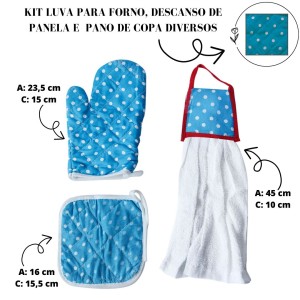 KIT LUVA PARA FORNO, DESCANSO DE PANELA  E PANO DE COPA 03 PEÇAS SORTIDAS- CA04067-G