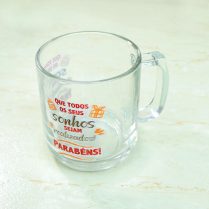 CANECA DE VIDRO COM FRASE DE PARABENS - CA16114