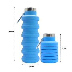 GARRAFA RETRÁTIL DE SILICONE 470 ML COM ALÇA DE METAL E TAMPA INOX - MG2991-AZ