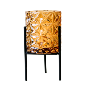 CASTIÇAL DE VIDRO DETALHADO COM SUPORTE EM FERRO - CAS11-AMBAR