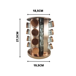 PORTA TEMPERO DE VIDRO GIRATÓRIO COM SUPORTE COBRE 16 PEÇAS - TRC8416