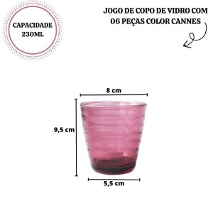 JOGO DE COPO DE VIDRO COM 06 PEÇAS COLOR CANNES 230ML -VDA14024-RX