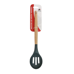 COLHER VAZADA DE SILICONE COM CABO DE MADEIRA 31,5CM - 3277-CZ