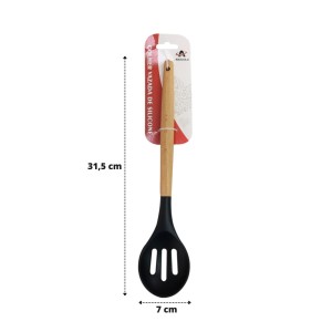 COLHER VAZADA DE SILICONE COM CABO DE MADEIRA 31,5CM - 3277-PT