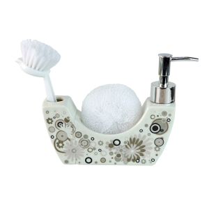 KIT PORTA SABONETE LÍQUIDO PORCELANA COM ESCOVA E ESPONJA - JRB21812-B