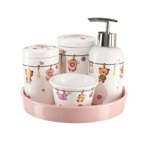 JOGO DE BANHEIRO HIGIENE DE PORCELANA ESTAMPA MENINA 5 PÇS - 2079