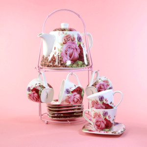 JOGO CAFE ROSAS COM 6 XICARAS 90ML 6 PIRES 1 BULE 700ML E SUPORTE DE METAL