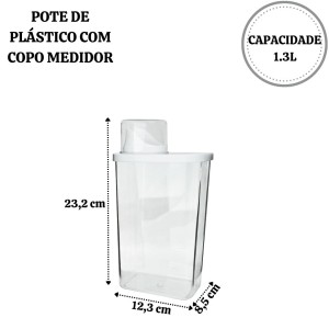POTE DE PLÁSTICO COM COPO MEDIDOR 1.3 LITROS 23,2CM - CA12540