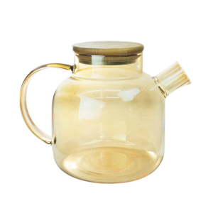 CHALEIRA DE VIDRO ÂMBAR COM TAMPA DE BAMBU - DT8455