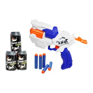 PISTOLA LANÇADOR SUPER SHOOT SUPREME BRANCA COM AZUL COM 06 DARDOS E 03 COPOS ALVO