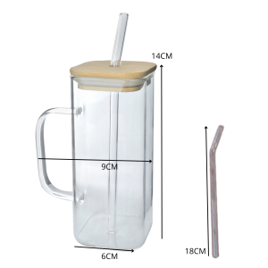 CANECA QUADRADA COM CANUDO E TAMPA DE BAMBU 350ML - CA12660