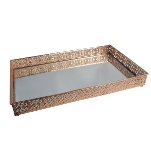 BANDEJA DE METAL COM ESPELHO RETANGULAR 20 X 35 CM GOLD ROSE - S1091L-GR