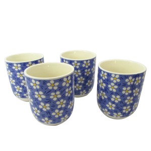CONJUNTO DE 04 CANECAS ORIENTAL PARA CHÁ DE PORCELANA 150ML (CADA)  ESTAMPA FLORAL - CN30A-AZ