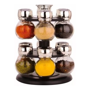 PORTA TEMPERO GIRATÓRIO DE VIDRO COM 12 PEÇAS E TAMPA DE PLÁSTICO -TRC8307