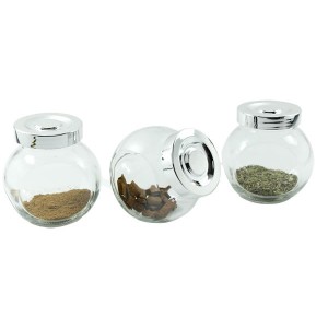 JOGO PORTA CONDIMENTO COM 3 PECAS EM VIDRO TAMPA CROMADA - VDA0402