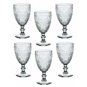 JOGO COM 06 PEÇAS DE TAÇA DE VIDRO 300ML COM DETALHES EM ALTO RELEVO - 4669