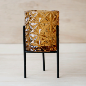 CASTIÇAL DE VIDRO DETALHADO COM SUPORTE EM FERRO - CAS11-AMBAR