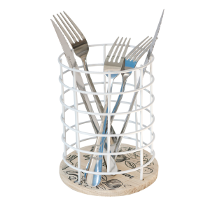 PORTA TALHER DE METAL ARAMADO REDONDO COM BASE EM MADEIRA 17X12CM - FERSC08-BR