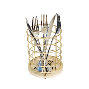 PORTA TALHER DE METAL ARAMADO REDONDO COM BASE EM MADEIRA 16X12CM - FERSC09-DOU