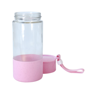 GARRAFA DE VIDRO COM ALÇA DE SILICONE E  DETALHES EM PLÁSTICO 400ML - SXYT4858-RS