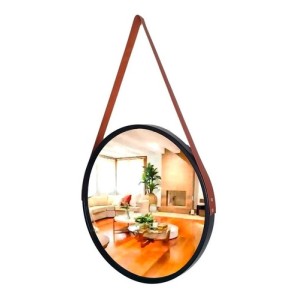 ESPELHO DE PAREDE REDONDO 33CM BORDA PRETA COM ALÇA MARROM - 92832-PTMR