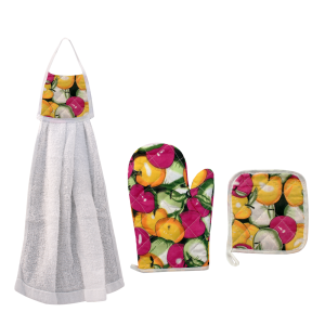 KIT LUVA PARA FORNO ,DESCANDO DE PANELA  E PANO DE COPA 03 PEÇAS SORTIDAS- CA04067-A