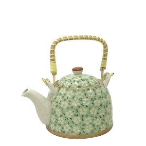 BULE CHALEIRA ORIENTAL EM CERAMICA COM ALÇA E TELA METAL  FLORAL VERDE 600 ML - 105-VD
