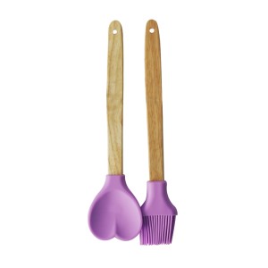 KIT 02 PEÇAS PINCEL E COLHER CORAÇÃO DE SILICONE COM CABO DE BAMBU - CA09598-LL