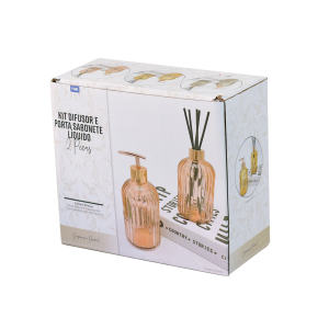 KIT DIFUSOR COM PORTA SABONETE LIQUIDO DE VIDRO EM ALTO RELÊVO 400ML - 96144-GR